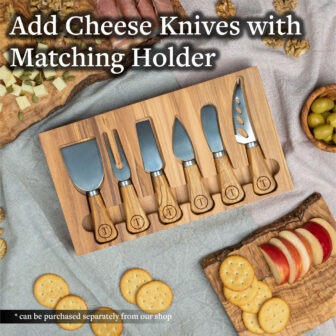 Set of specialized cheese knives displayed on a wooden board with a matching holder, accompanied by snacks on a table.