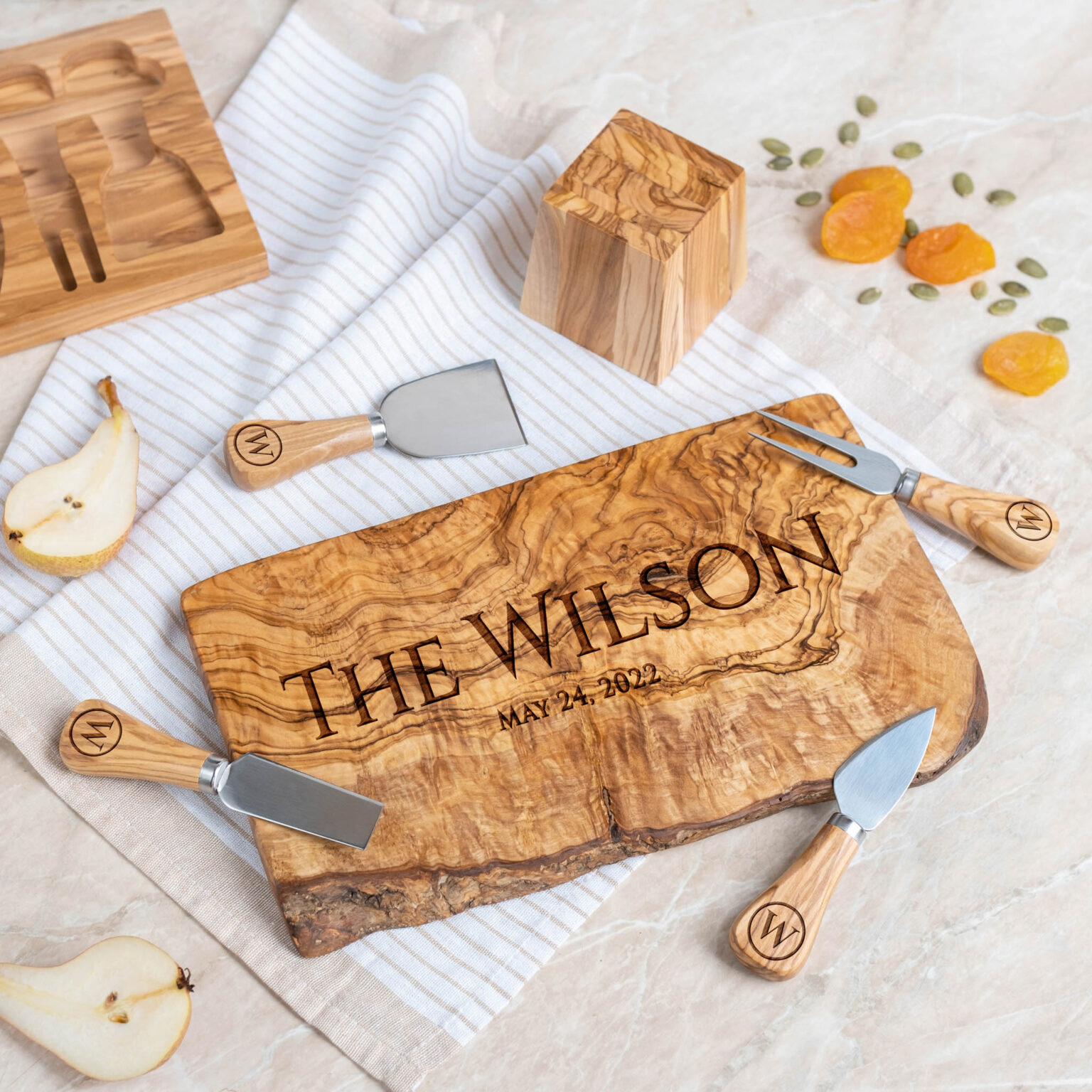 Custom Personalized Live Edge Charcuterie Board with Cheese Knife Set