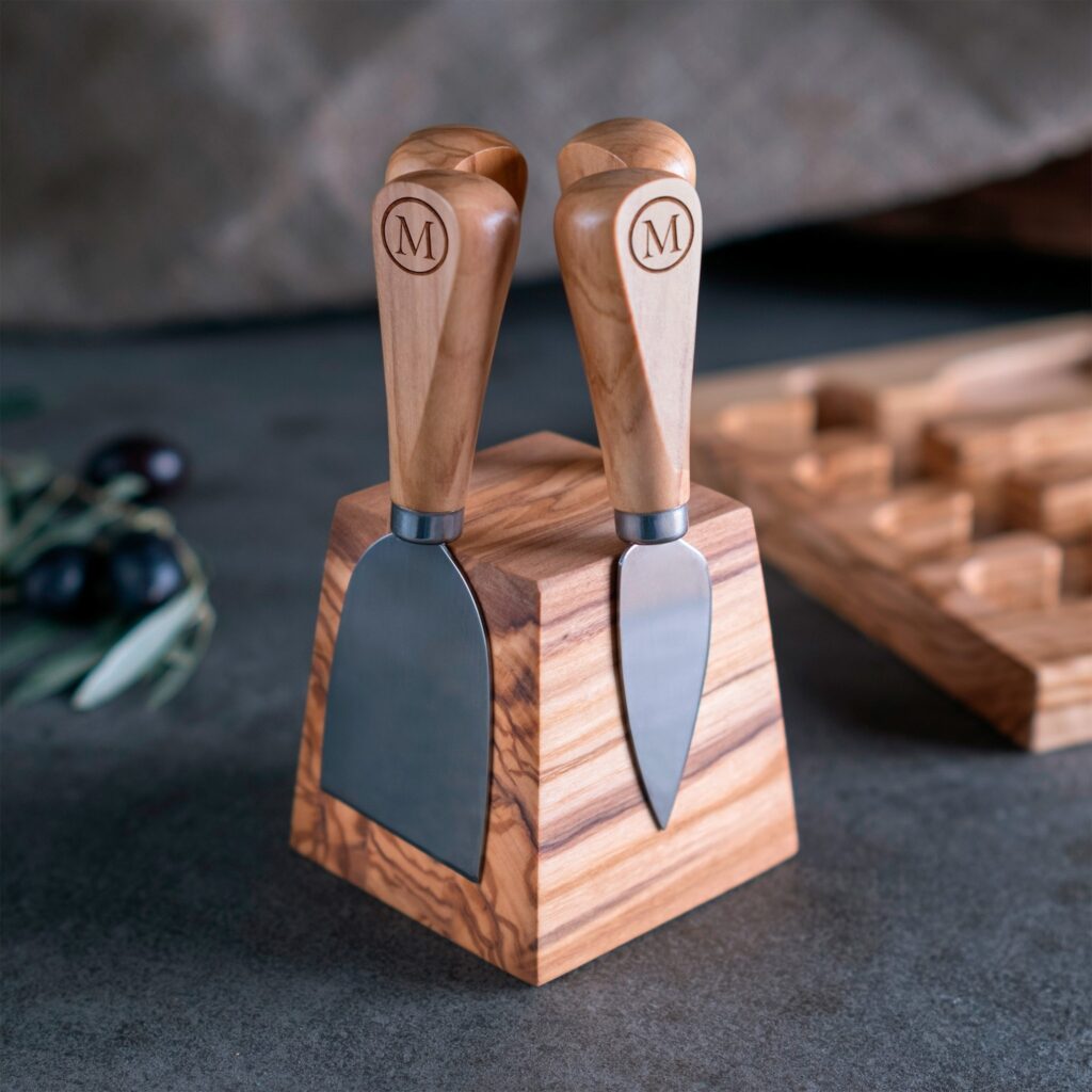 Custom Engraved Olive Wood Charcuterie Board with Cheese Knife Set