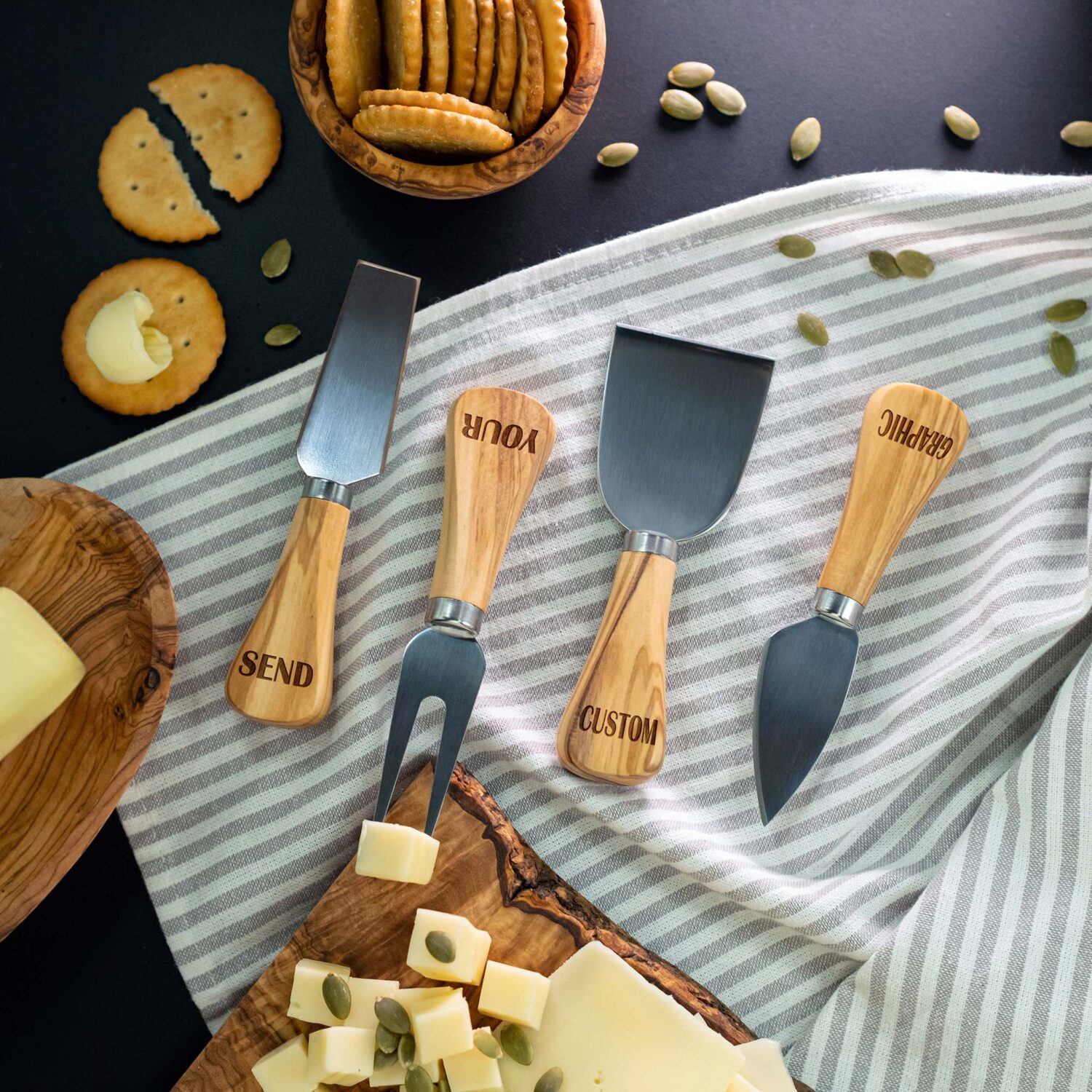 Custom Engraved Logo Cheese Knives with Holder