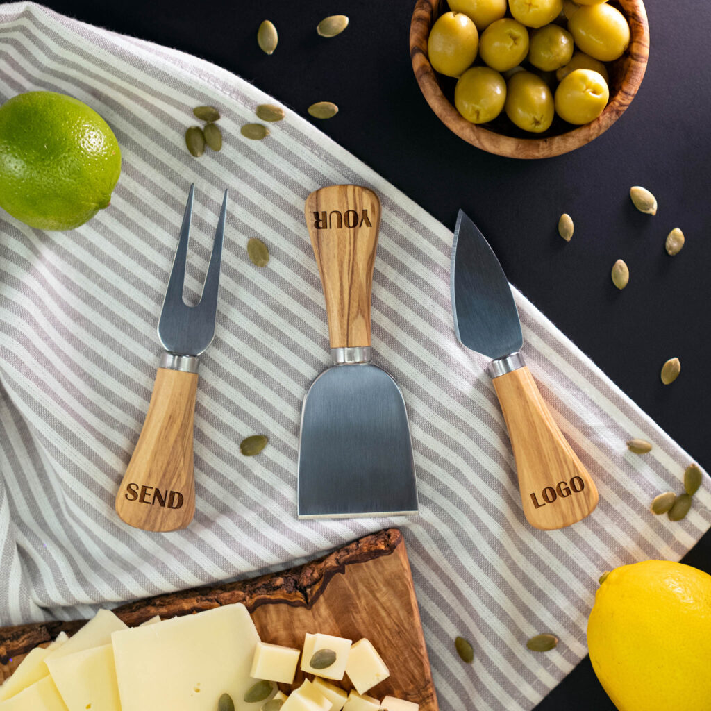 Engraved Logo Cheese Knives with Holder