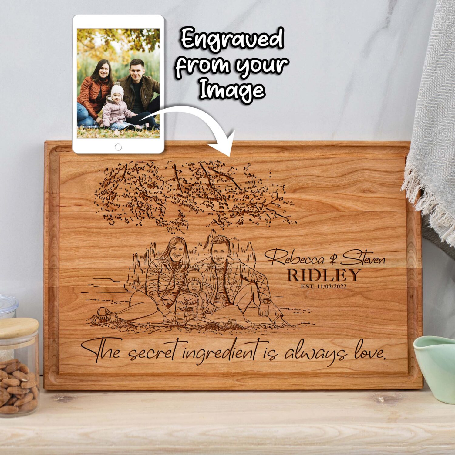 Wood Engraved Cutting board Drawing Family