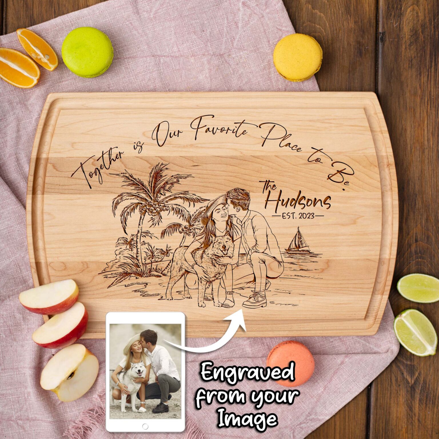 Custom Engraved Photo Cutting Board - Personalized Sketch & Engraving