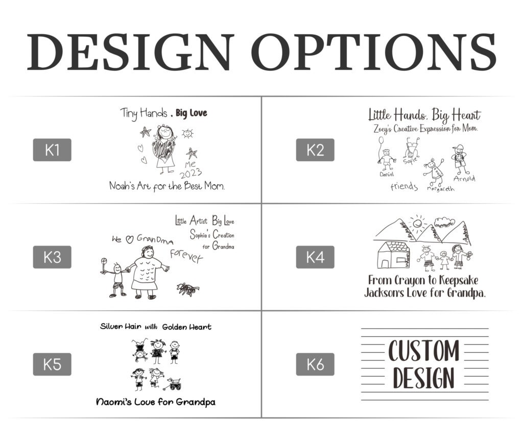 A selection of six design options for custom artwork featuring children's handprints and drawings with various themes and titles.