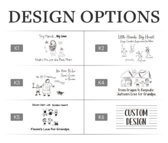 A selection of six design options for custom artwork featuring children's handprints and drawings with various themes and titles.