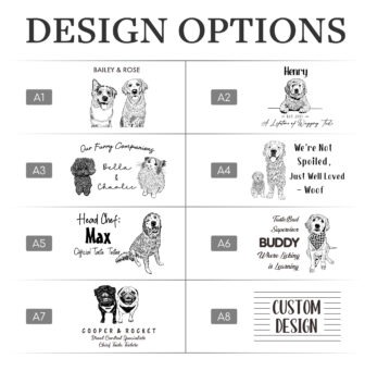 A collection of eight personalized pet-themed t-shirt design options.