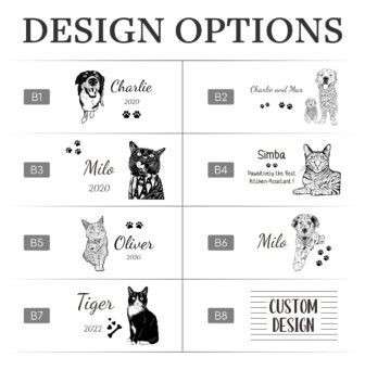 A selection of eight personalized pet design options with various illustrated animals and custom text labels.