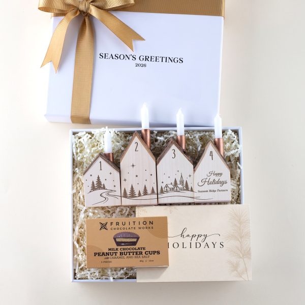 Corporate advent candle gift box with chocolate peanut butter cups
