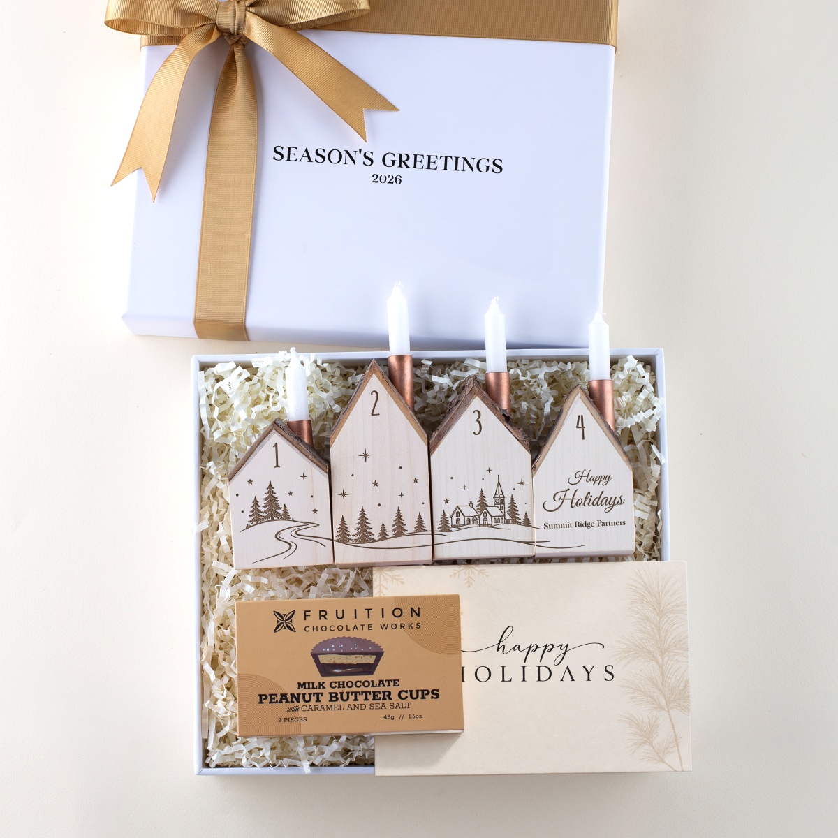 Corporate advent candle gift box with chocolate peanut butter cups