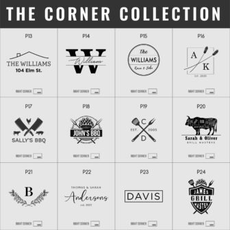Collection of various black and white personalized corner stamp designs for businesses and couples.