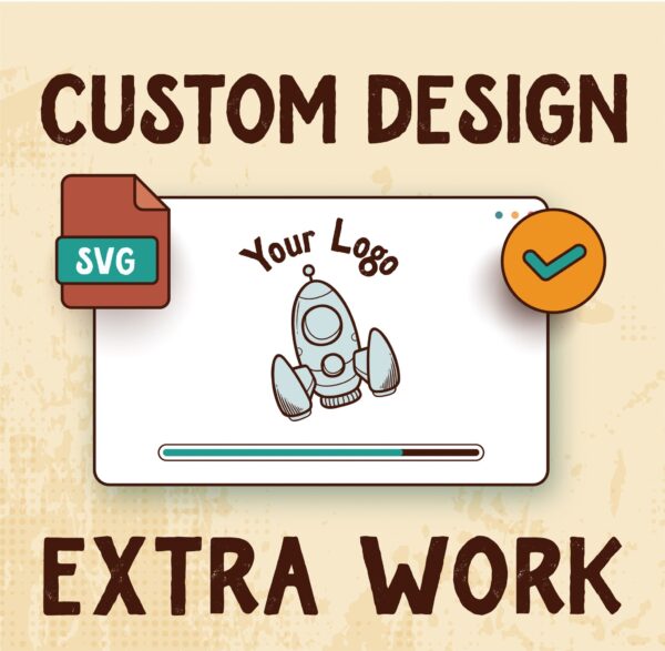 An illustration depicting the concept of custom design work, featuring an example logo on a sketchpad, an svg file icon, and a check mark implying approval or completion.