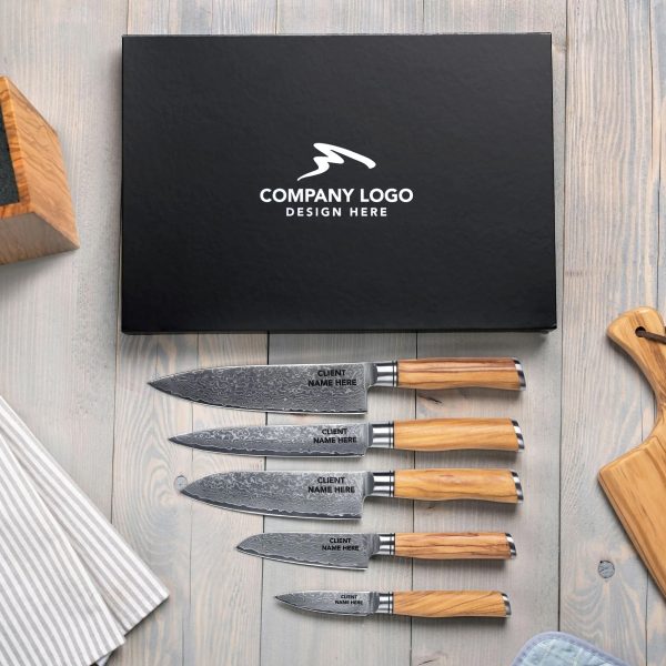 Damascus knife set and gift box showing logo placement