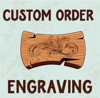 Advertisement for custom order engraving on wooden plaque with decorative design.