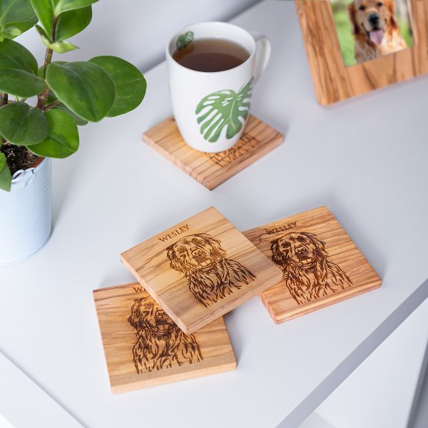 Pet portrait coasters beside a framed photo of the dog