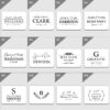 Twelve elegant monogram designs for various occasions such as weddings and anniversaries, featuring names, initials, and dates.
