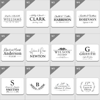 Twelve elegant monogram designs for various occasions such as weddings and anniversaries, featuring names, initials, and dates.