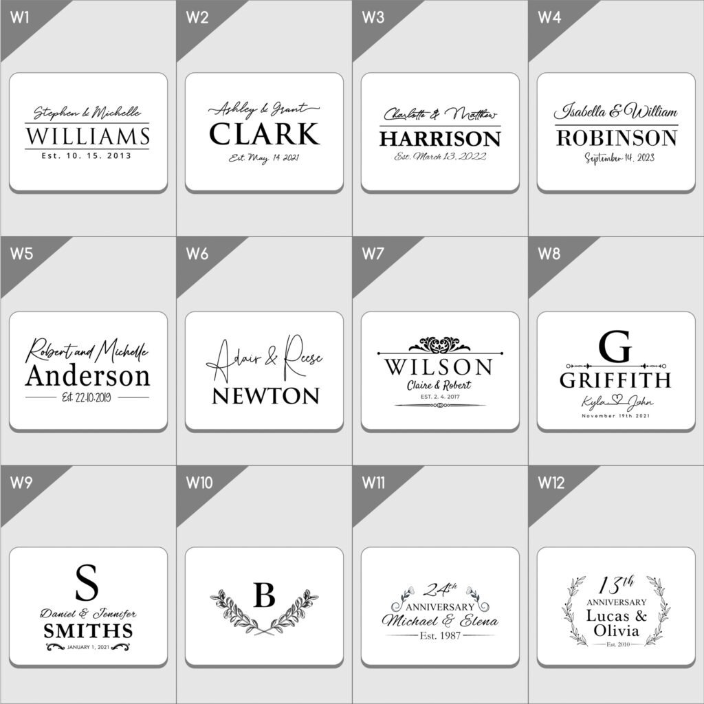 Set of personalized monogrammed designs for weddings and anniversaries featuring names, initials, and dates.