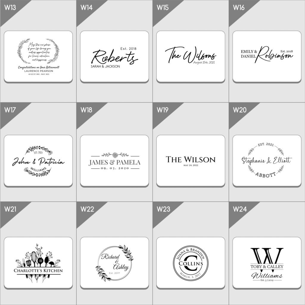 Collection of personalized monogram designs for various occasions such as weddings, establishments, and family crests.
