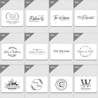 Collection of personalized monogram designs for various occasions such as weddings, establishments, and family crests.