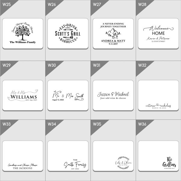 A collection of personalized rubber stamp designs featuring various styles of text and decorative elements.