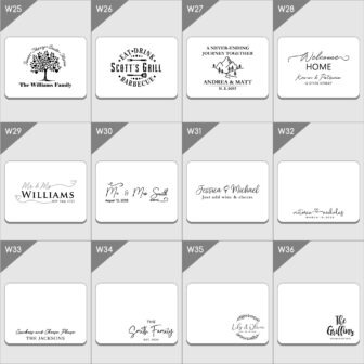 A collection of personalized rubber stamp designs with various texts and motifs for occasions such as weddings, family names, and home addresses.