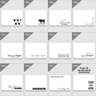 A collection of monochrome address label templates with various personalization options and decorative elements.