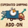 Illustration promoting expedited shipping add-on featuring a stylized clock on a delivery truck to signify fast service.