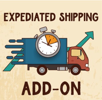 Illustration promoting expedited shipping add-on featuring a stylized clock on a delivery truck to signify fast service.