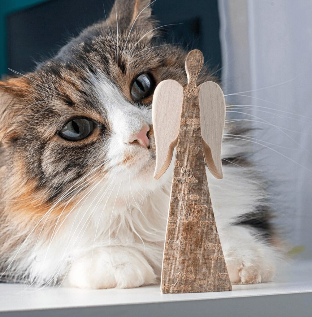 A tabby cat curiously examines a wooden angel figure on a windowsill, its eyes focused closely on the object.