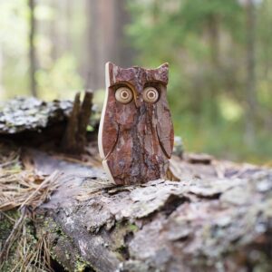A wooden owl figurine with large eyes stands on a forest log, surrounded by pine needles and trees.