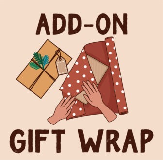 Illustration of hands wrapping a gift with polka-dotted paper, alongside a finished wrapped gift with a pine twig and tag, under the phrase "add-on gift wrap".