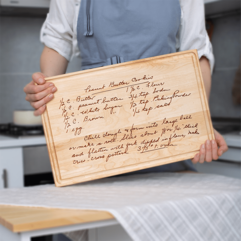 cutting board with handwritten recipe as personalized kitchen gifts