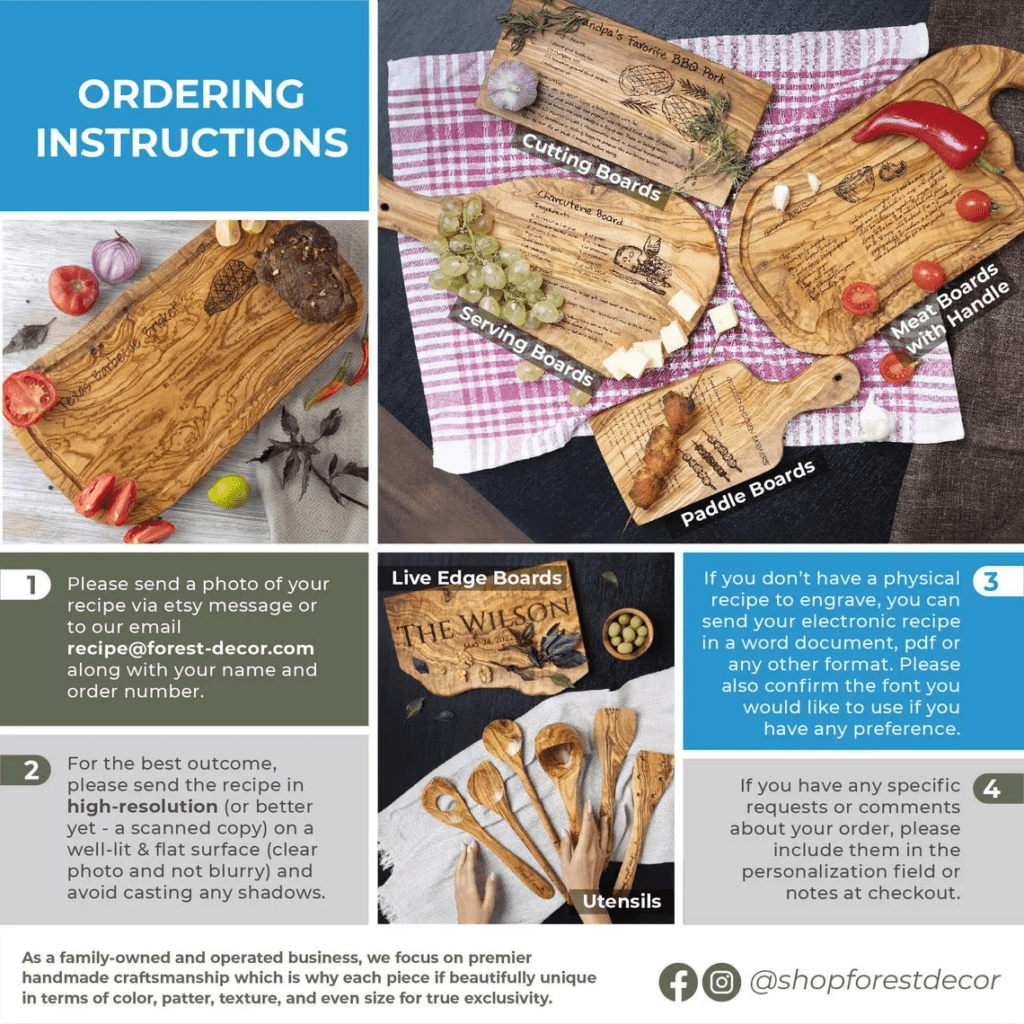 A flyer with instructions on how to order a wooden cutting board.
