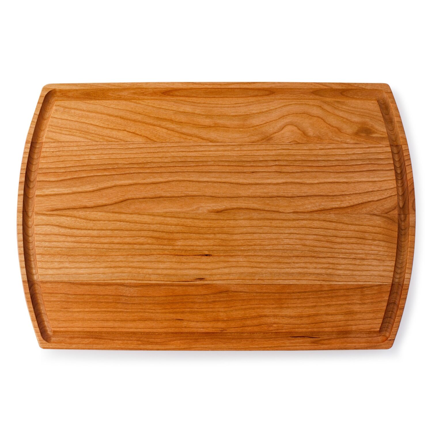 A rustic wooden chopping board on a white background.