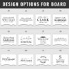 Twelve black and white personalized logo options for various names and dates, presented in a grid layout.
