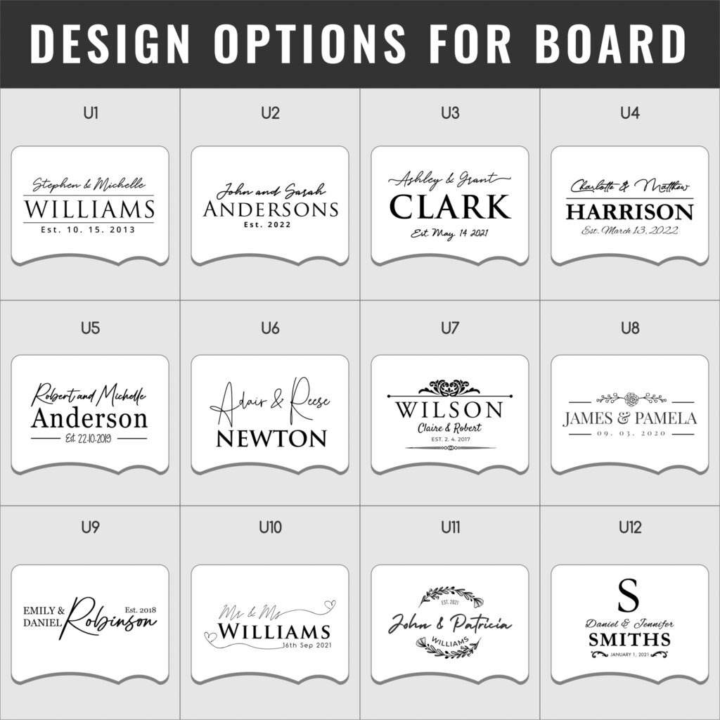 Twelve black and white personalized logo options for various names and dates, presented in a grid layout.