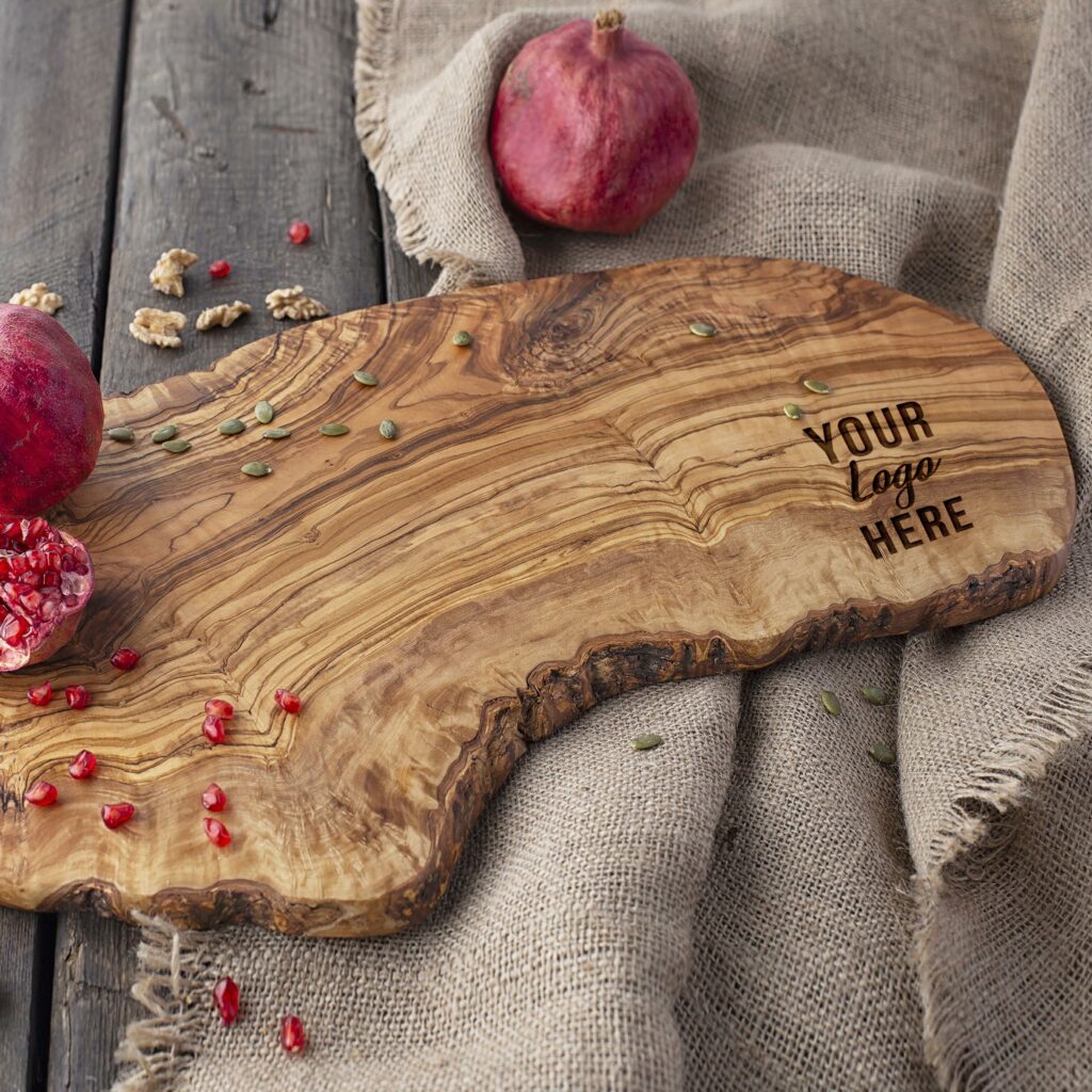 A custom wooden cutting board with logo