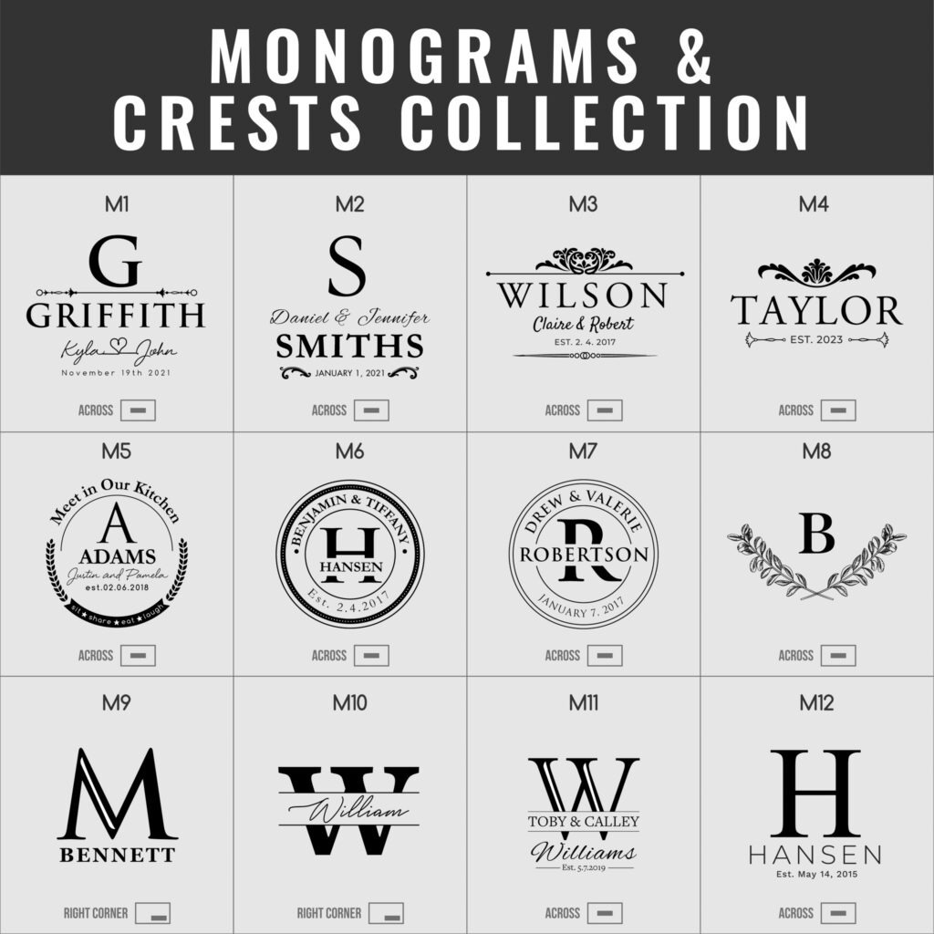 A variety of personalized monogram designs suitable for wedding invitations, stationery, or branding.