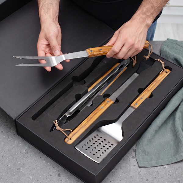 Olive wood BBQ tool set in a black presentation box