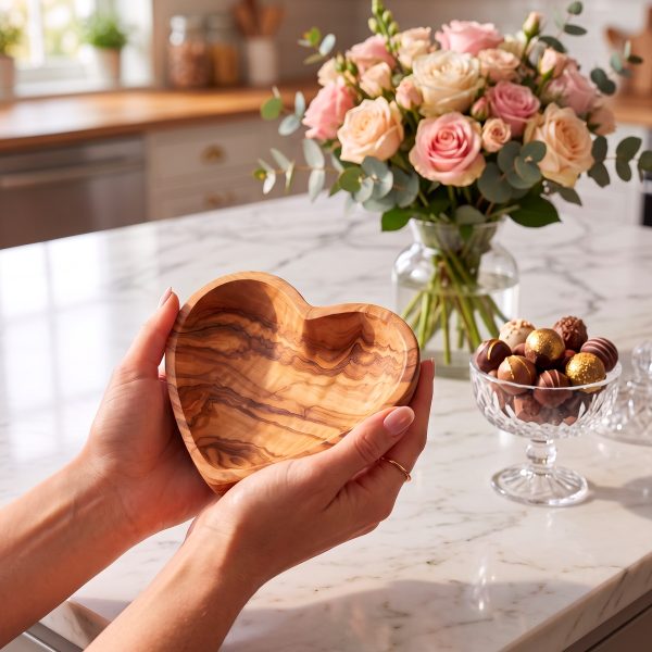 Hands holding an olive wood heart dish on a marble kitchen counter