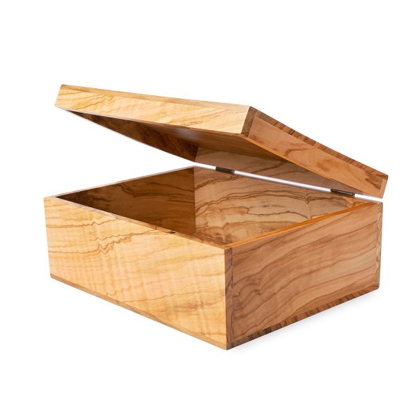 Olive wood keepsake box with the hinged lid open