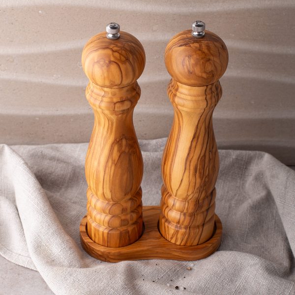 Olive wood salt and pepper mills on a matching tray