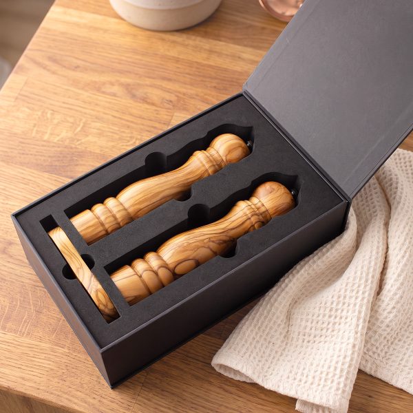 Olive wood salt and pepper mill set in a black presentation box