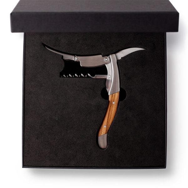 Olive wood waiter's corkscrew in a black presentation box