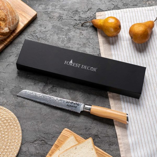 Engraved Damascus bread knife with its gift box