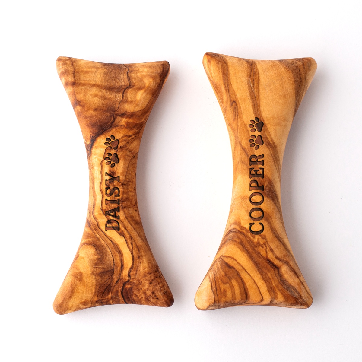 Personalized olive wood dog bones engraved with names and paw prints