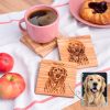 Olive wood pet portrait coasters engraved with a dog and its name
