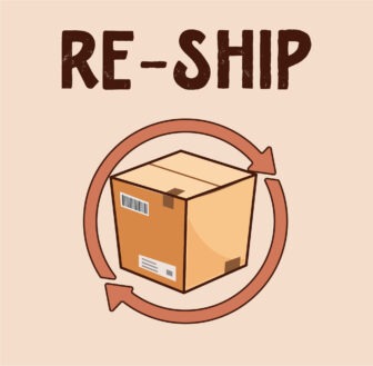 Cardboard box with re-ship label and circular arrow symbol indicating return or reuse for shipping.