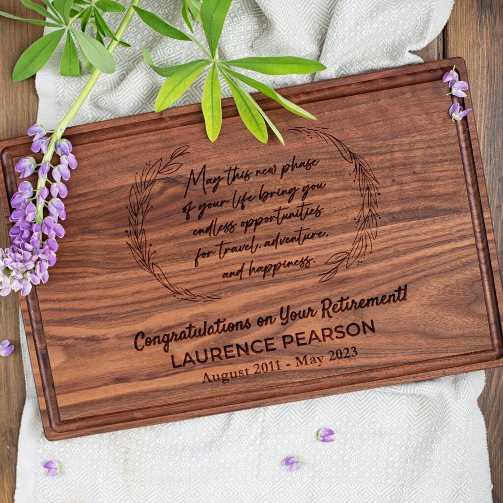 A wooden cutting board with a poem on it.