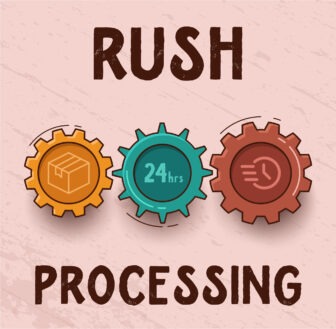 Graphic showcasing 'rush processing' service with interlocking gears representing speed, 24-hour service, and efficiency.